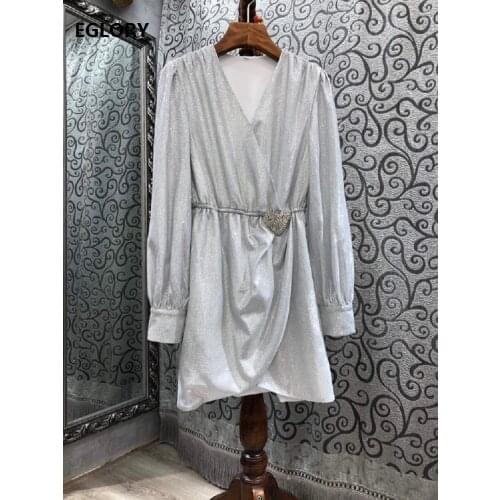 Sequined Party Womens Dress 2021 Spring Casual Club Women V-Neck Sweetheart Beading Deco Long Sleeve Casual Silver Club Dress