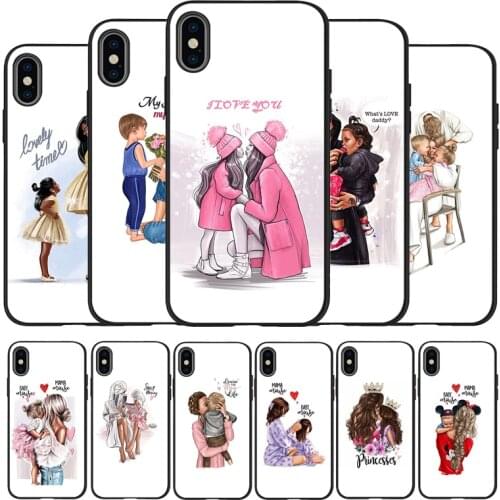 Fashion Brown Hair Baby Mom daughter Girl Son Dad Black Silicone Soft Phone Case For iPhone 11 12 Pro X XR XS MAX 6 7 8 Plus SE