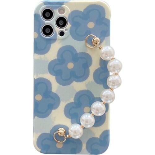 Blue Flower Peal Wrist Chain Case for iPhone 12 Pro Max Back Phone Cover for 12 Mini 11Pro Max X XS XR 6 8 7 Plus SE 2020 Capa