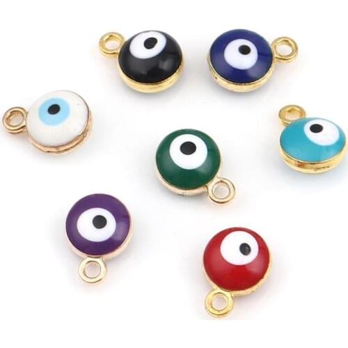 DoreenBeads 9mm x7mm 20 PCs Religious Charms Pendant Round Gold Colorful Evil Eye Style Handmade Jewelry Necklace Findings