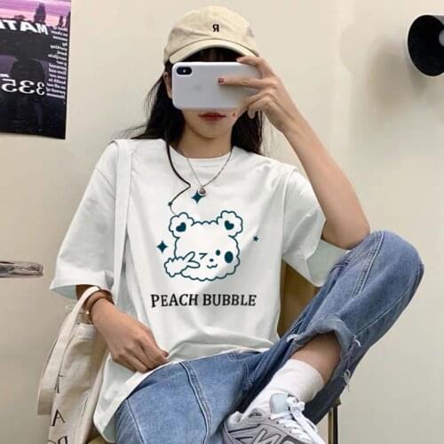 Female T-shirt Women Oversized Tops Round Collar Summer Cartoon 2021 New Loose Sleeve Print Casual Simple Wild Harajuku Top