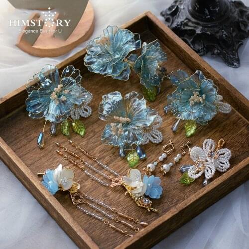 HIMSTORY Vintage Blue Flower Bridal Hairpins Headdress Pearl Leaf Brides Hairbands Wedding Hair Accessory Prom Head Wear