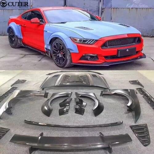 Carbon fiber + FRP Wide Car body kit Unpainted front lip Rear diffuser engine hood for Ford Mustang KylinTotem style 15-17