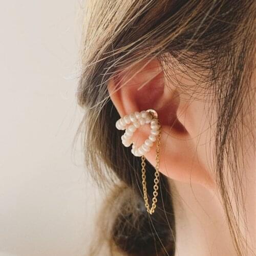Korean Gold Magnet Chain Tassel Multi Circle Pearl Earcuff Fake Piercing Clip on Earrings for Women Fashion Jewelry