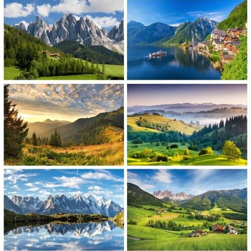 Laeacco Mountain Green Forest Grassland House Cloudy Scenic Photo Backgrounds Customized Photographic Backdrops For Photo Studio