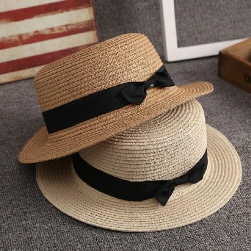 Parent child Beach Hat Female Casual sun Hats Lady Women Flat brim Bowknot Straw cap girls Sun Hat