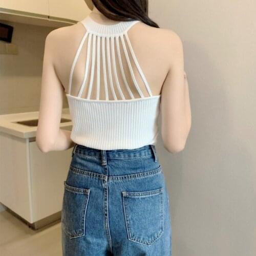 Sexy Off Shoulder Tank Top Women Hollow Out Back Comfortable Breathable Soft and Anti-pilling Knitted 2021 Summer New Shirt