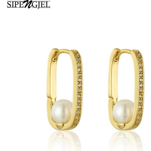 SIPENGJEL Fashion White Pearl oval Hoop Earrings Geometric Piercing Ear drop Earrings For Women Unusual Jewelry 2021