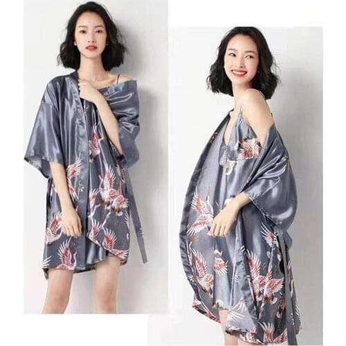 2021 New Summer Women Bathrobe Soft Cool Ice Slik Fashion Solid Color Print Half Sleeve Medium Length Nightgown Female Sleepwear