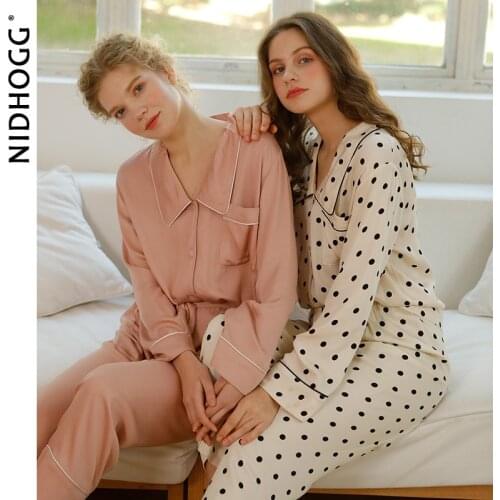 2021 Spring Simple Satin Pajamas Women Long Sleeve Trousers Sleepwear Viscose Polka Dot Loungewear 2 Piece Pijama Sexy Nightwear