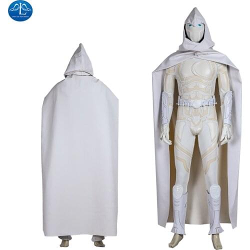 Anime Superhero Moon Knight Cosplay Costume Adult Men Halloween Outfit White Jumpsuit Cloak With Hood Cape Custom Made