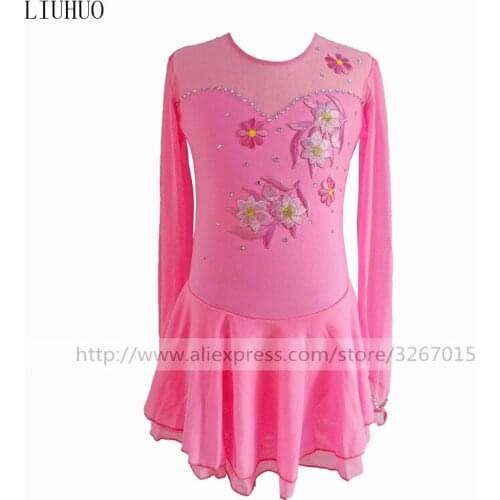 Figure Skating Dress Womens Girls' Ice Skating Dress Pink Long Sleeved style Flower decoration Elastic mesh fabric Lovely