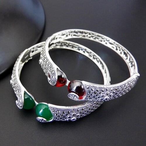 S925 Sterling Silver Retro Thai Silver Green Agate Garnet Mosaic Match Open Ended Ms. Bangle New
