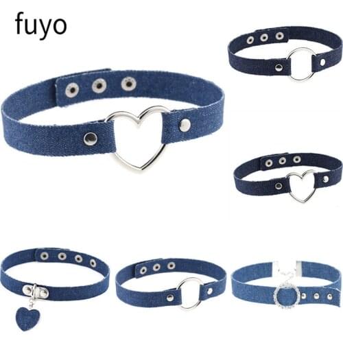 Heart Round Denim Choker Necklace Multi Colors Harajuku Style Simple Sexy Collar Choker Necklaces for Women Girl Punk Jewelry