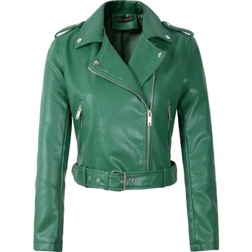 2021 New Hot Women Autumn Soft Fake Faux Leather Jackets Lady White Red Black Green PU Zippers Motorcycle Street Coats with Belt