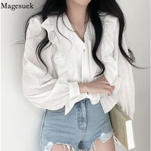 V-neck Ruffled Long Sleeve Womans Shirt 2021 New White Shirts Korean Loose Sunscreen Tops Blusas Fashion Women Blouses 15725