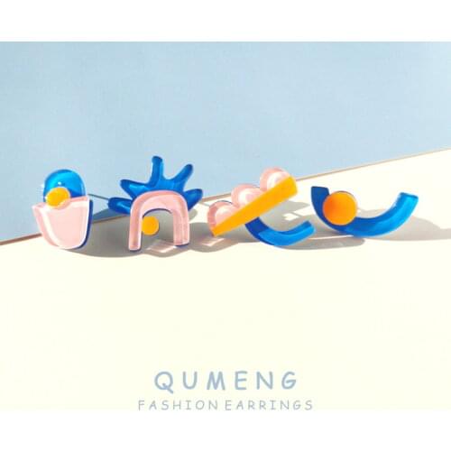 QUMENG 2020 New fashion irregular geometric acrylic Stud earrings for women Colorful asymmetric cartoon wave point Funny jewelry