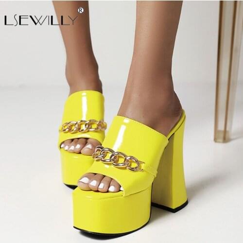 SGESVIER 2021 Summer Slipper New Sexy High Heels Platform Shoes Peep Toe Chain European Style Party Shoes Women Slipper Green