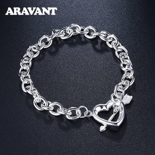925 Silver Chain Bracelet Women Heart Link Bracelet Bangles Valentines Day Jewelry Gift