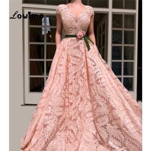 Pink Lace Evening Dress Formal Gown For Middle East Women Abendkleider 2018 Couture Dubai Abaya Arabic Party Gown Robe De Soiree