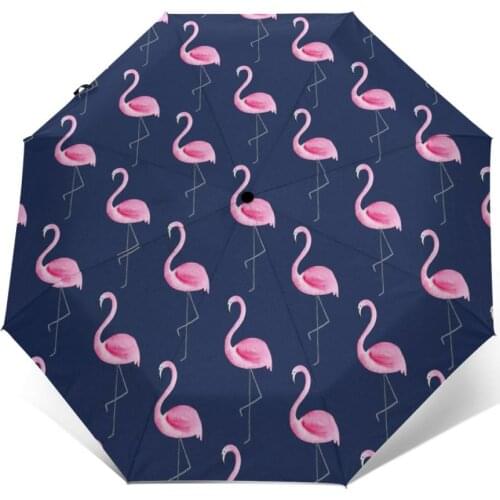 Automatic Umbrella Rain Women Three-folding Umbrella Pink Flamingos Navy Background Windproof Umbrella Female Waterproof parasol