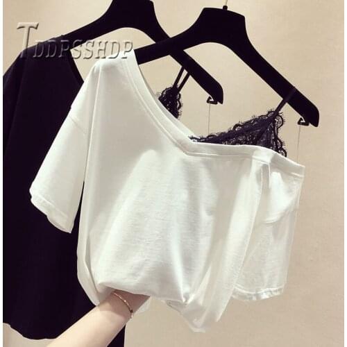 2019 Four Colors Can Choose Women T Shirt Patchwork Lace Expose Shoulder Female Tee Shirts