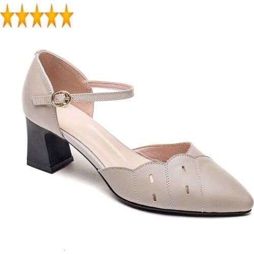 New Elegant Ladies Leather Summer Women Block Med Heels Buckle Straps Pointed Toe Hollow Out Sandals Office Work Shoes