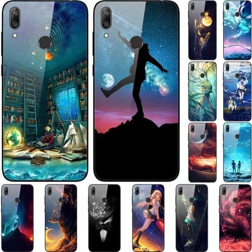 Case For Huawei Y7 2019 Back Phone Cover Black Silicone Bumper With Tempered Glass