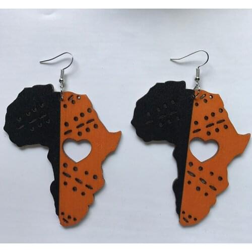 Black Queen Wood Africa Map hollow out Heart Earrings Vintage Party African Afro Jewelry Wooden DIY Club Gift
