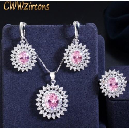 CWWZircons Noble Sun Flower Shape Austrian Pink Crystal Jewelry Sets for Women CZ Party Pendant Necklace Earring Ring Set T191
