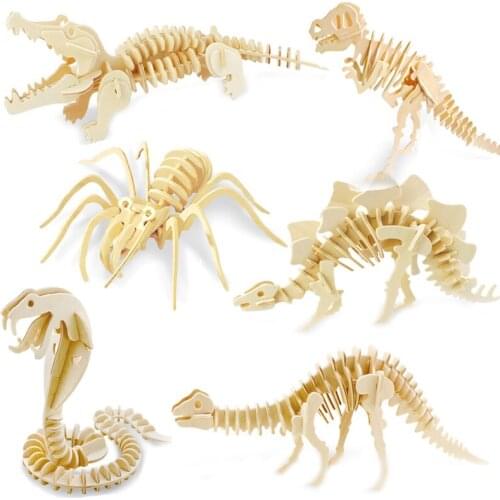 DIY 3D Wood Puzzle Toy Dinosaur Simulatio Animal Model Creative Assembled Education Toys Birthday Gifts For Children Kids Boy
