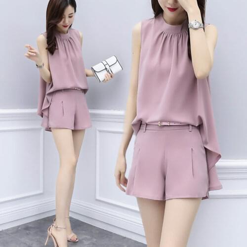 Women 2 Pieces chiffon Sets 2021 Summer Women loose chiffon irregular shirt+short trousers pants suits