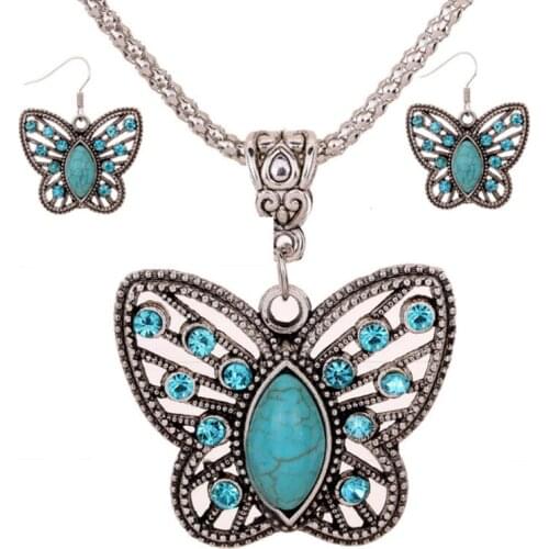 FYJS Unique Silver Plated Butterfly Shape Green Turquoises Stone Pendant Necklace Earrings with Rhinestone Jewelry Sets