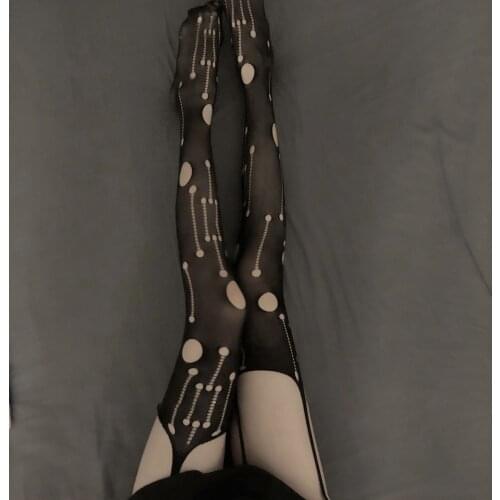 Harajuku Hole Sling One-piece Fishnet Thigh High Stockings Gothic Sexy Hollow Out Black Rompers Bottoming Pantyhose Tights Women