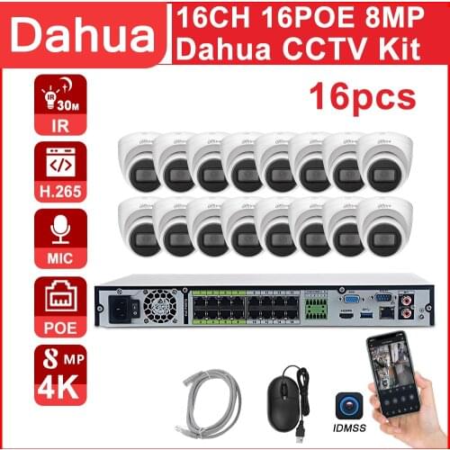 Dahua 16CH CCTV Kit 8MP 4K NVR NVR5216-16P-4KS2E 16 POE Port Two Way Talk IPC-HDW2831T-AS-S2 Built-in Microphone APP Remote view