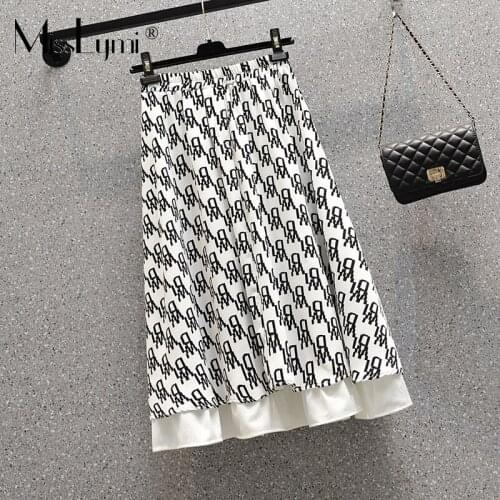 L-5XL Plus Size Women Letter Printing Chiffon Skirt Summer 2021 New Casual Loose Elastic High Waist Draped A-line Skirt Ladies