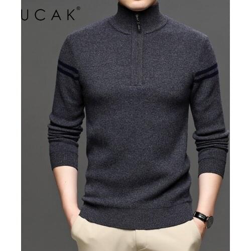 UCAK Brand Pure Wool Sweater Men Clothing Zipper Turtleneck Solid Color Streetwear Sweater Pull Homme Winter Pullover U1256