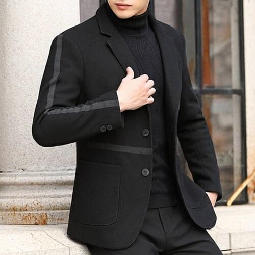 Mens Business Casual Single Breasted Lapel Black Gray Wool Blend Blazers Jacket High Quality Male Coat T15