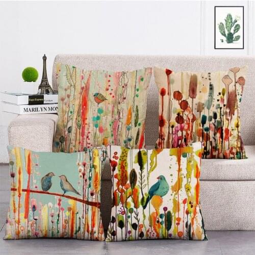 Watercolor reed bird Printed Cushion Cover Linen Throw Pillow Car Home Decoration Decorative Pillowcase T480