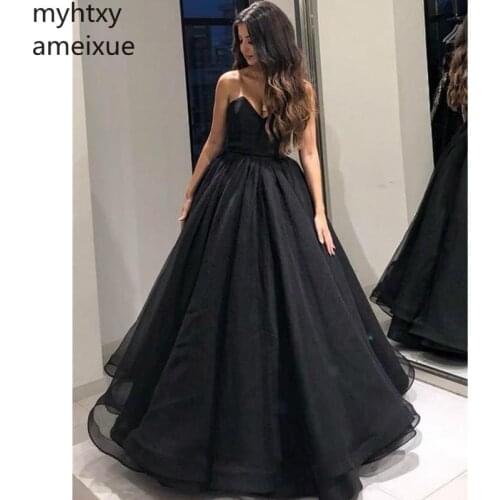 New Black Organza Long Evening Dress 2020 Sweetheart A Line Floor Length Cheap Prom Gowns High Quality Wedding Hi Low Dress