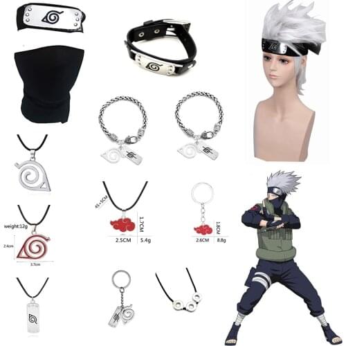 Anime N-a-r-u-to Hatake Kakashi Wig Headband Cosplay Keychain Bracelet Facepiece Accessories for Decoration and Fans Party Gifts