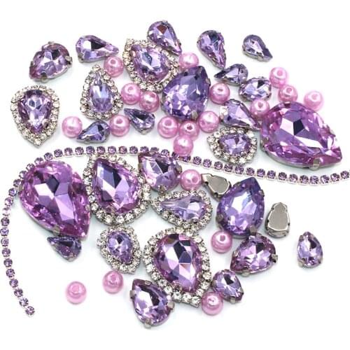 Wedding Decoration Teardrop Crystal violet Mix Size Glass Crystal Stones Pearl Beads Cup Chain Rim Rhinestones Sew On Clothing