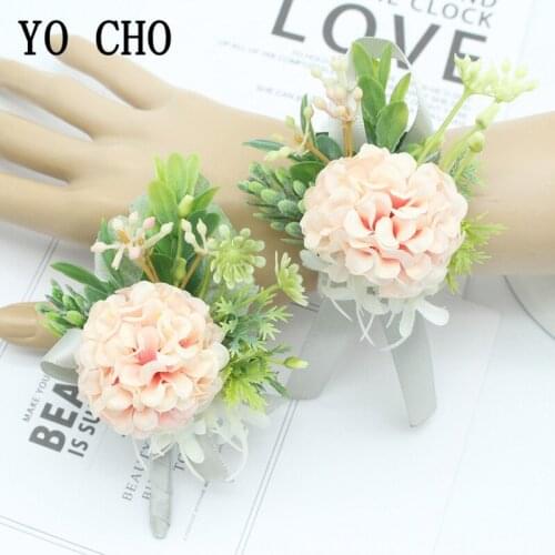 YO CHO Boutonniere Wrist Corsage Artificial Flower Wedding Girl Bracelet Groom Brooch Pins Pink Champagne Wedding Boutonniere