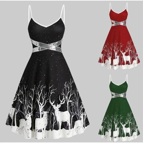Women Derss Christmas Print Winter Party Dresses Sequin Patchwork Sleeveless Dress Deer Skater Club Night Dresses