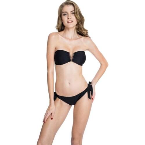 Colloyes New Women Deep V Wire Bikini Black Swimsuit Bandeau Top Bathing Suit Ladies Summer Beachwear Hot Sexy Cleavage Swimwear