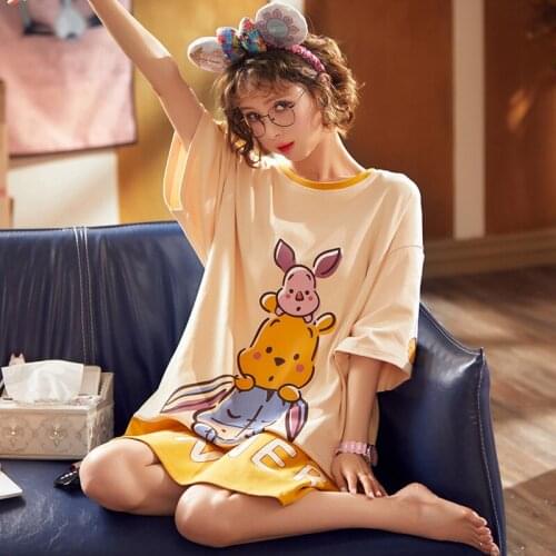 Female Summer Cotton Thin Loose Short Sleeve Cartoon Cute Leisurewear Summer Wind Nightgown Set