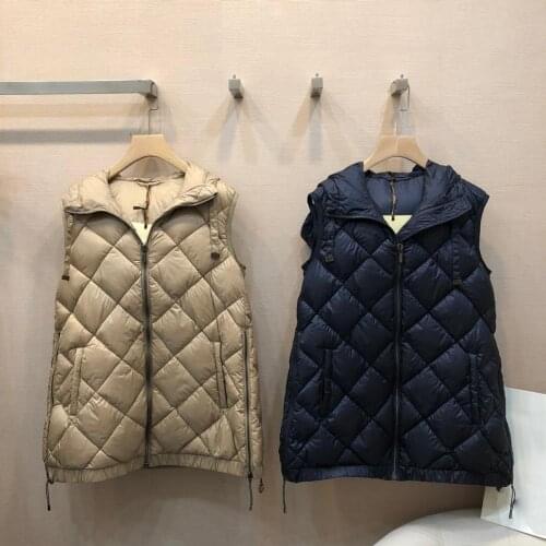 Luxury 2021 Fall Winter Timeless Design Quilted Duck Down Elegant Office Lady Hooded Long Vest Coat