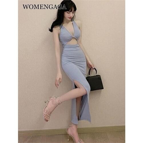 WOMENGAGA Nightclub Party Dinner Dress Feminine Hollow Stitching Fake Two-Piece Dress Long Slit Slim Fit Hip Dress V-Neck 266C