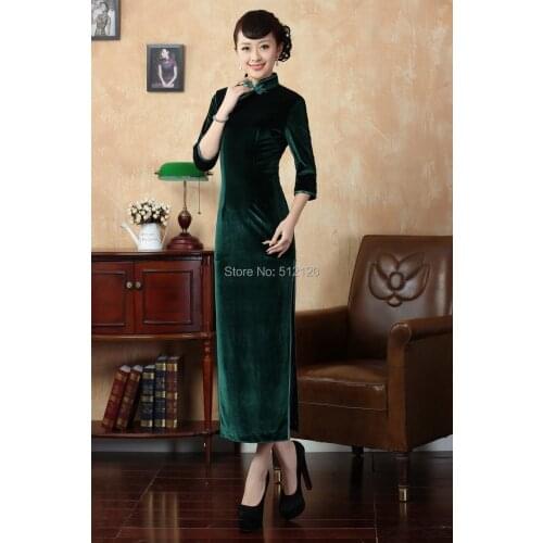 Shanghai Story new sale Three Quarter sleeve long cheongsam vintage dresses Solid velet qipao Mandarin Collar Oriental Dress