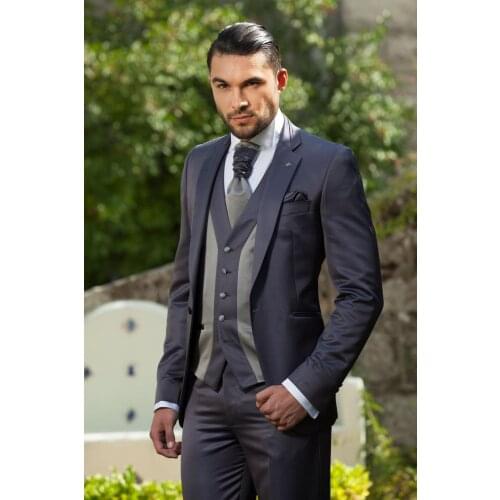 2018 One Button Slim Fit Customized Charcoal Wedding Tuxedos Mens Suit Groom Tuxedos best men suit Jacket+Pants+Tie+Vest